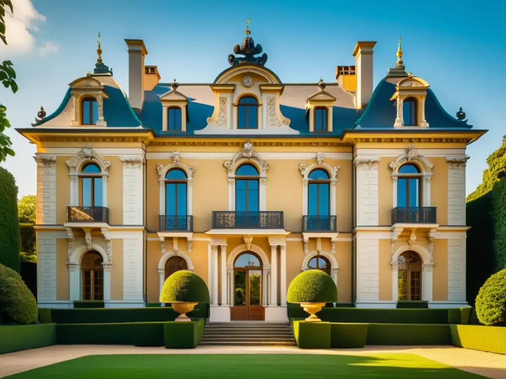 Una mansión barroca histórica con jardines exuberantes, detalladas esculturas y ornamentos