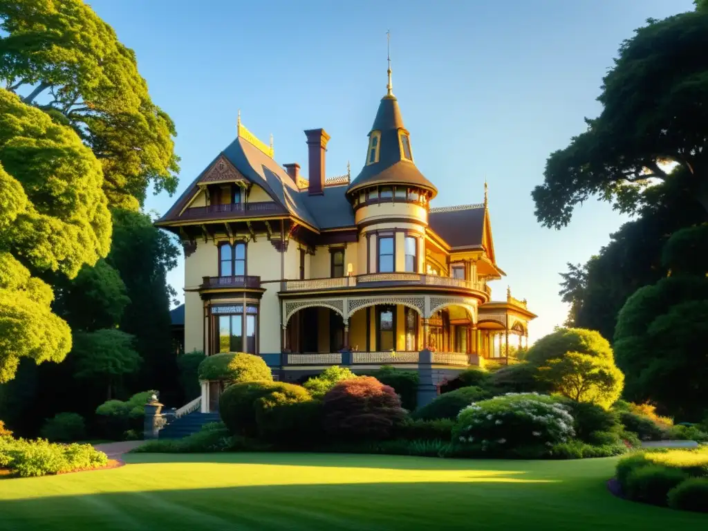 Una mansión victoriana impresionante rodeada de exuberantes jardines, bañada por la cálida luz del atardecer