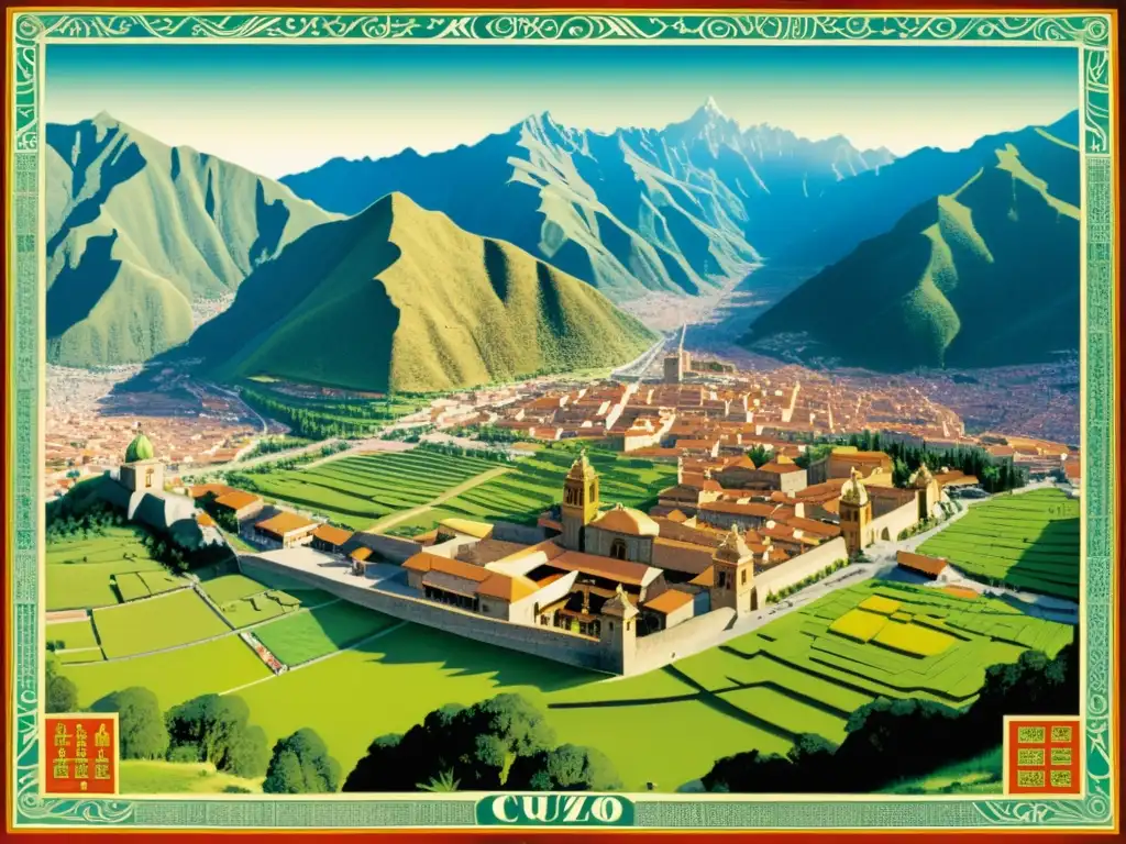 Mapa antiguo de Cuzco durante el imperio Inca, mostrando la planificación urbanística y la sofisticación arquitectónica