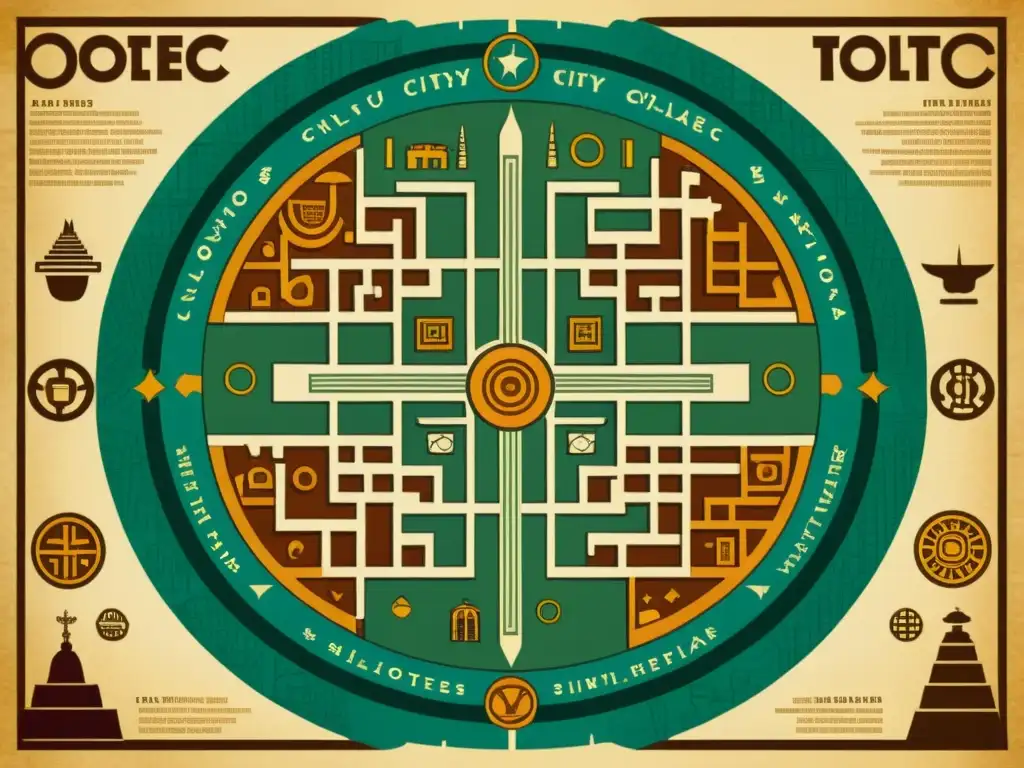 Mapa urbano detallado de una ciudad tolteca, con símbolos cosmológicos que reflejan su rica cultura