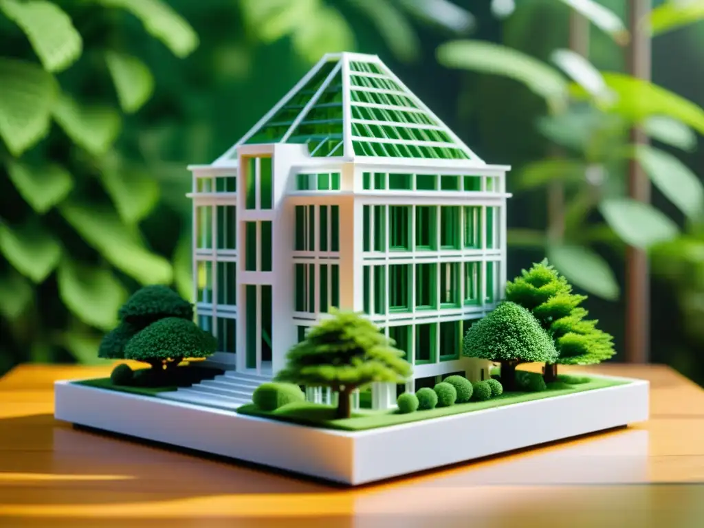 Maqueta arquitectónica impresa en 3D, detallada y futurista, rodeada de exuberante vegetación