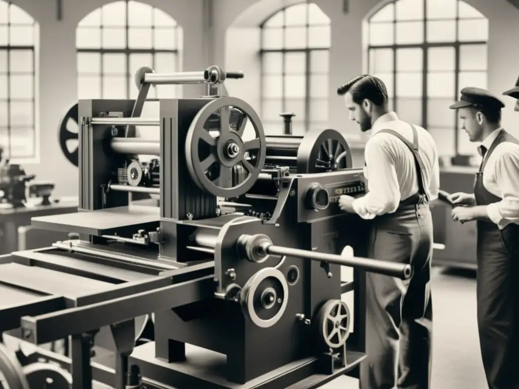 Una máquina histórica de impresión de casas en 3D rodeada de trabajadores, con detalles intrincados y atmósfera vintage