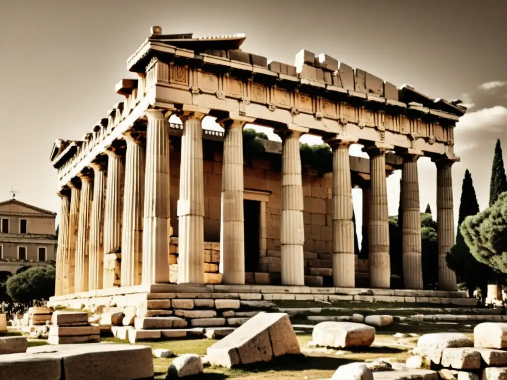 Maravillas arquitectónicas de la antigua Grecia: Antigua Ágora en Atenas, con detalles de la piedra, actividad del mercado y grandiosas estructuras