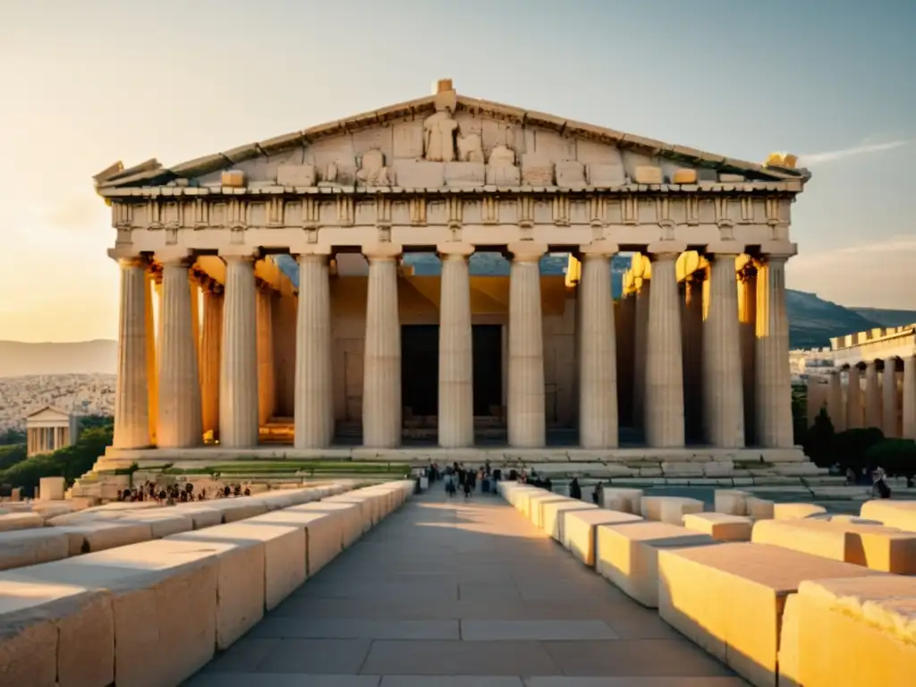 Maravillas arquitectónicas de la antigua Grecia: imagen en 8k del Parthenon en Atenas, con detalles arquitectónicos y luz cálida al atardecer