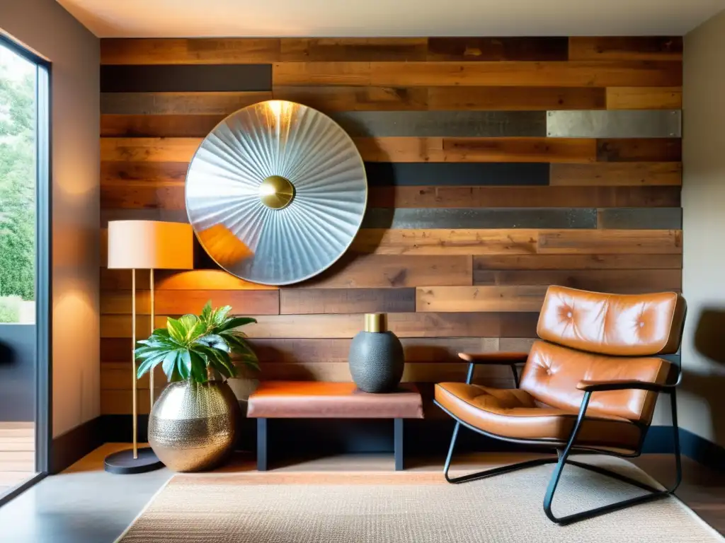 Materiales innovadores para interiorismo vanguardista: Sala vintage con pared de madera reciclada, arte en metal y atmósfera rústica elegante