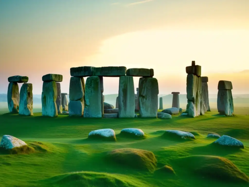 Construcción megalítica en la arquitectura: Stonehenge al amanecer, misteriosas piedras en la neblina de la campiña inglesa