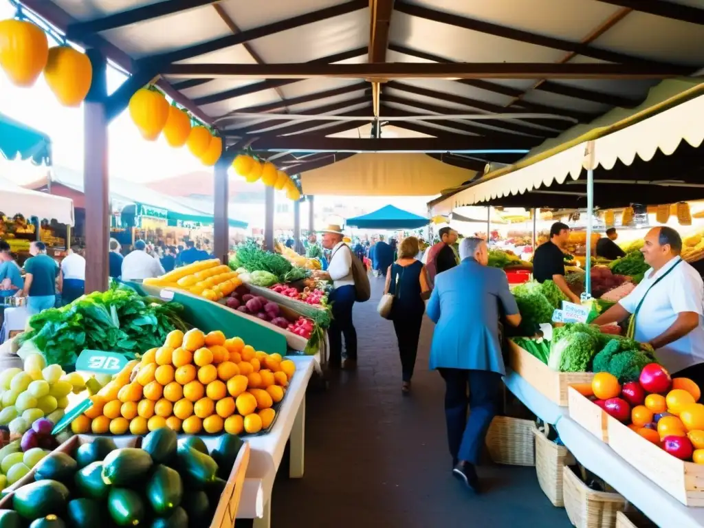 Un mercado animado en Santa Caterina, con puestos de frutas, verduras y la arquitectura colorida