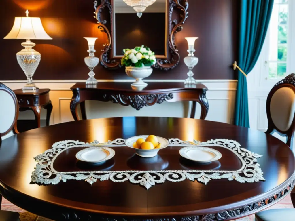 Una mesa de comedor antigua de lujo en madera de caoba, con fina vajilla y cristalería, iluminada por cálida luz dorada