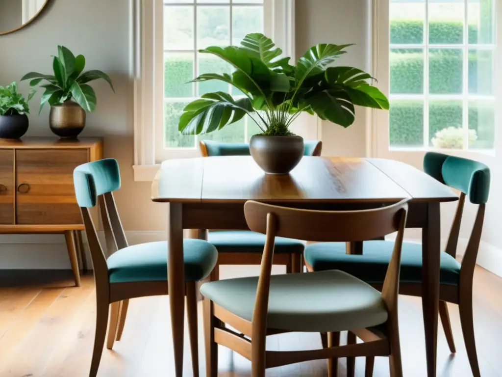 Mesa de comedor de madera recuperada con sillas y planta, iluminada por luz natural