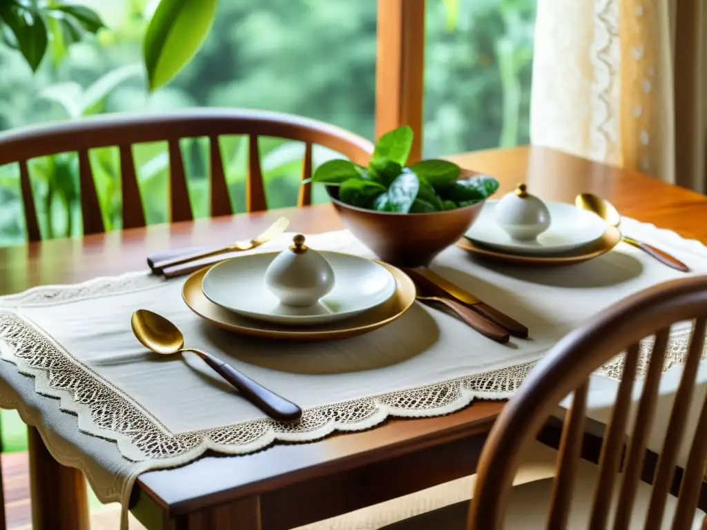 Una mesa de comedor de madera vintage con vajilla y cubiertos ecológicos de alta gama, rodeada de vegetación y luz cálida