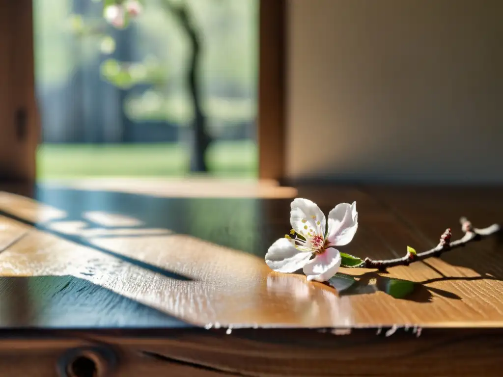 Una mesa de madera envejecida con una flor de cerezo