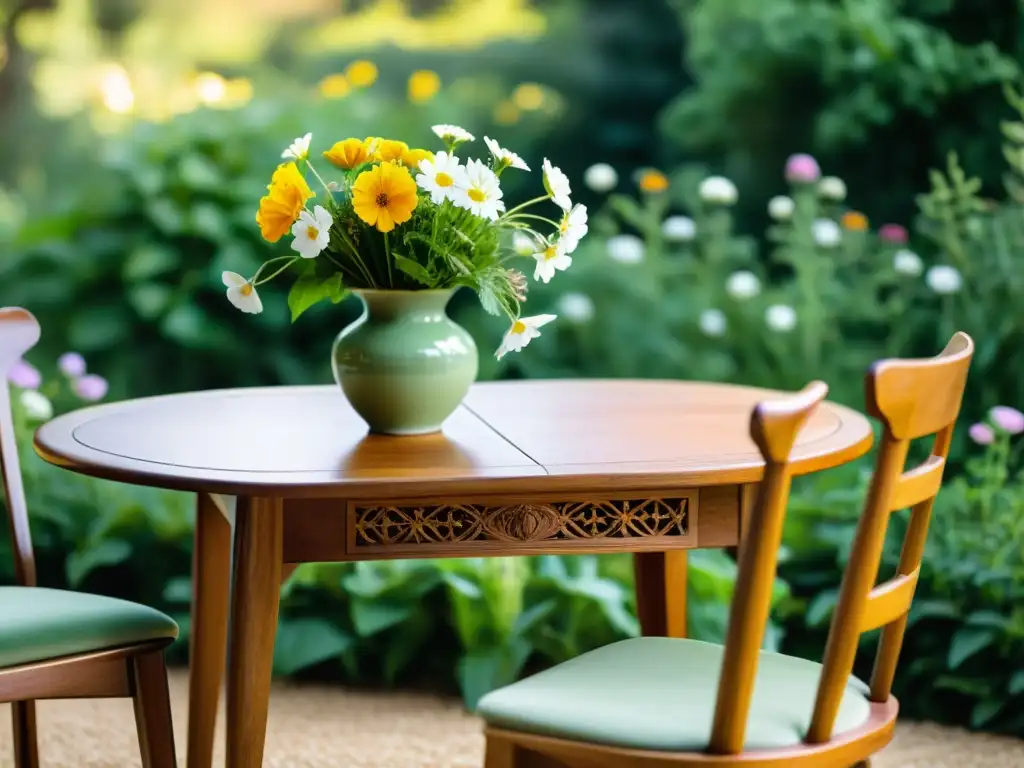 Una mesa y sillas de madera sostenible ecofriendly en un jardín soleado con bouquet de flores silvestres en cerámica, evocando elegancia atemporal