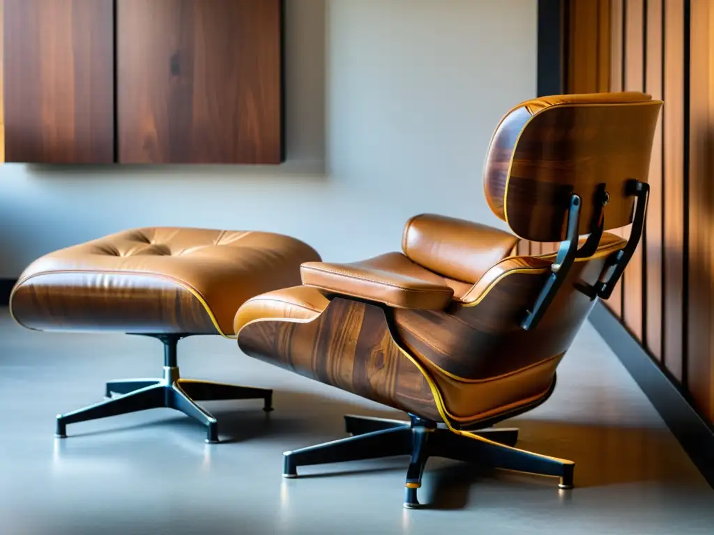 Mobiliario de alta gama en la arquitectura: Suntuosa silla Eames lounge con otomana, cuero caramelo y madera, bañada en luz natural