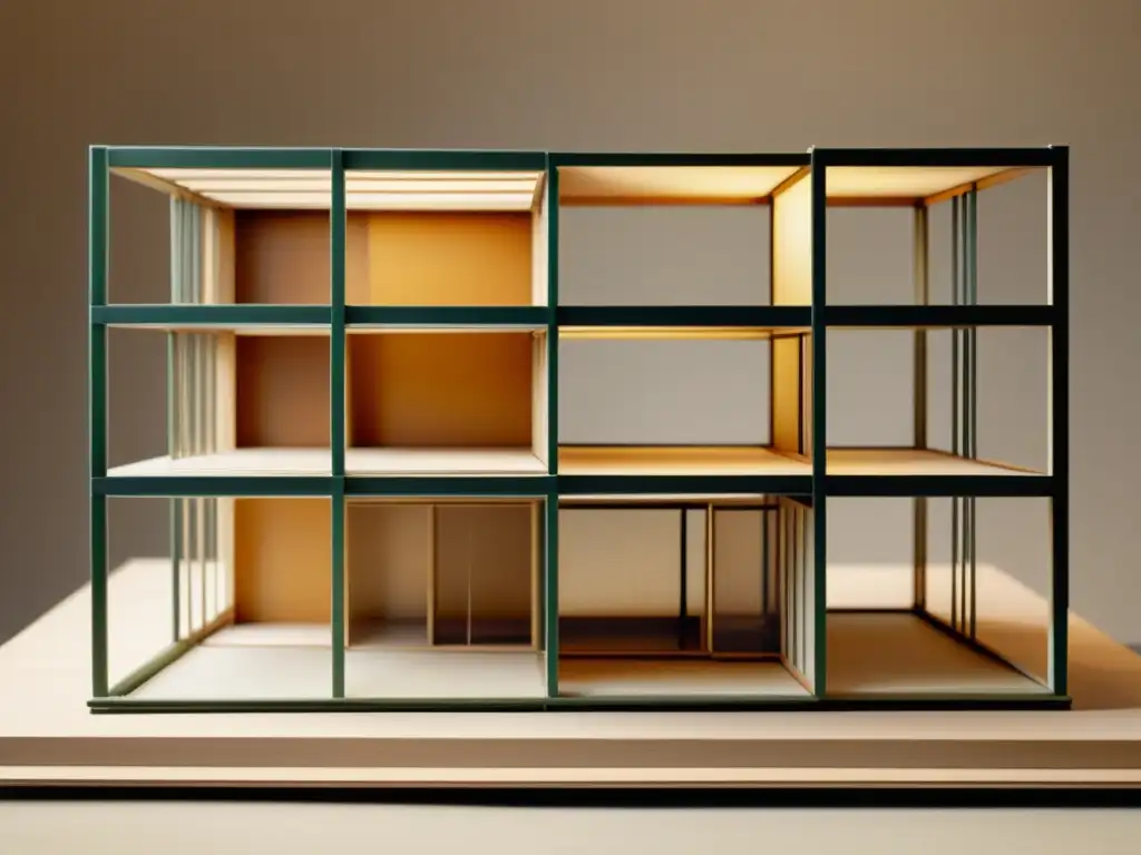 Fotografía vintage de un modelo arquitectónico deconstructivista, destacando técnicas pioneras y materiales innovadores