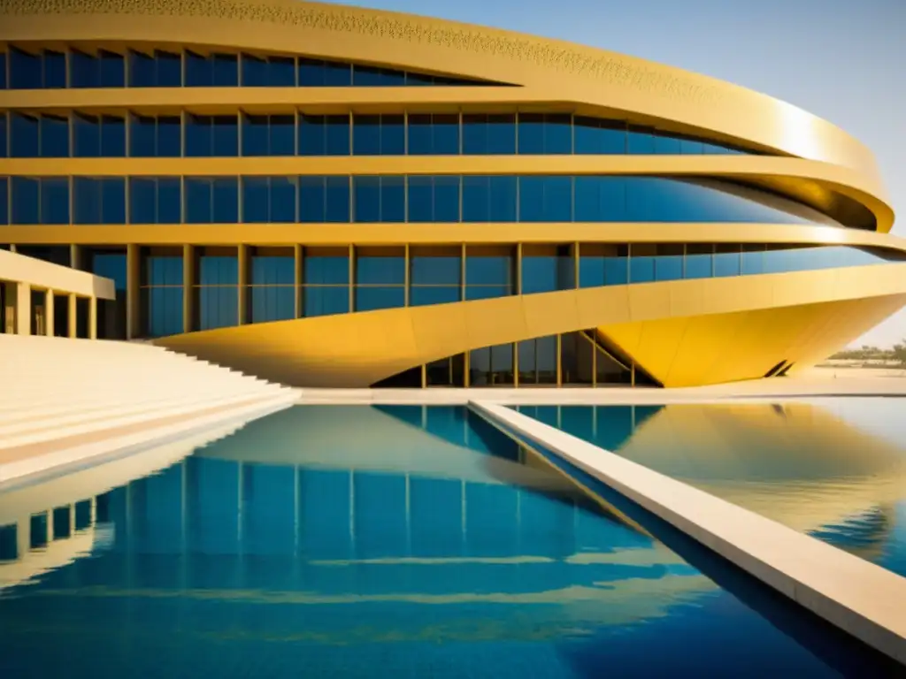 La moderna Bibliotheca Alexandrina en Egipto, con diseño arquitectónico impresionante y toques tradicionales, frente al Mediterráneo