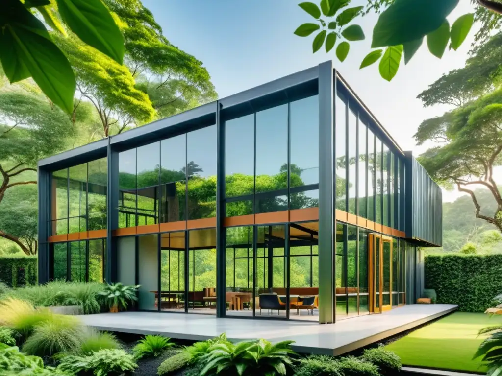 Un moderno edificio sostenible construido con acero reciclado, integrado con la naturaleza y diseño innovador