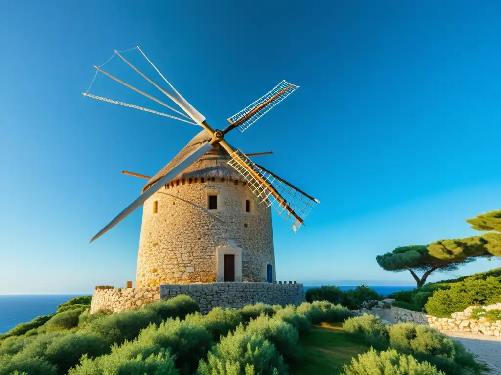 Un molino de viento mediterráneo de piedra, en movimiento, con un cielo azul vibrante y un entorno verde exuberante, frente al mar