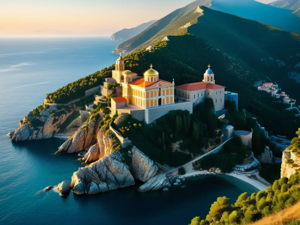 Monasterios antiguos en los acantilados de Monte Athos al atardecer, resaltando la arquitectura e historia espiritual de la región