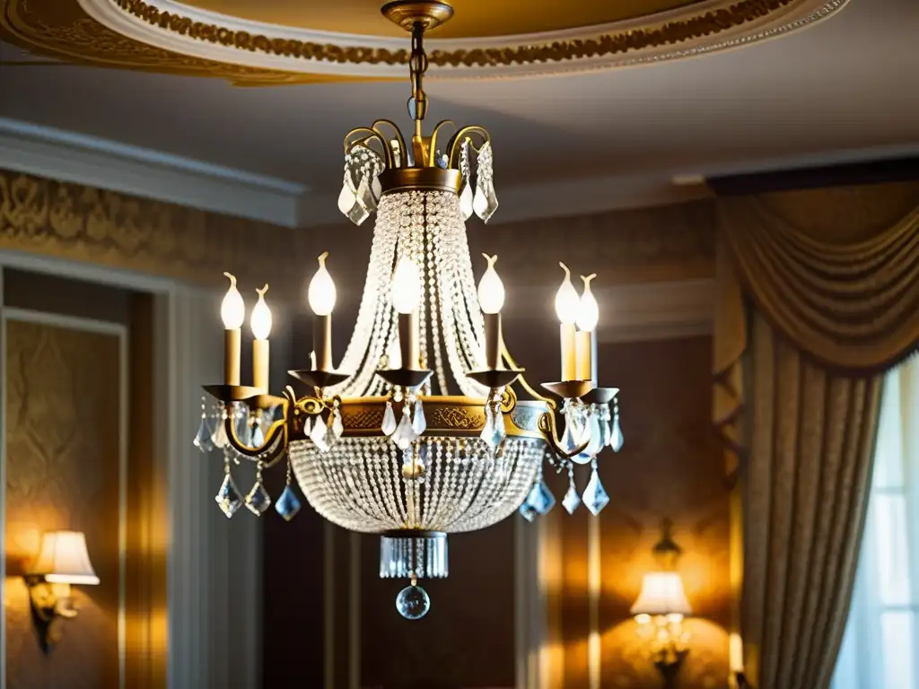 Fusión de muebles modernos clásicos en una habitación lujosa con un deslumbrante candelabro de cristal y una atmósfera cálida y sofisticada