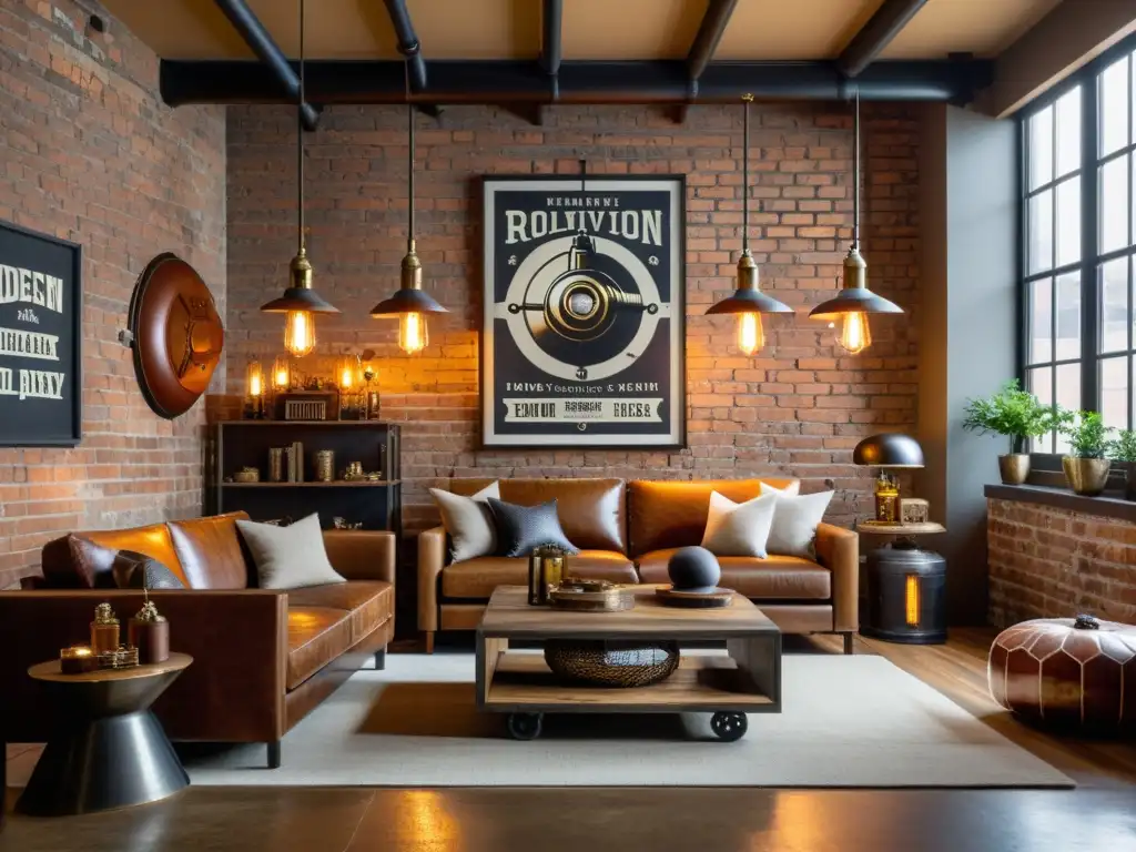 Salón loft con muebles vintage, paredes de ladrillo y decoración estilo revolución industrial modernidad en tonos cálidos