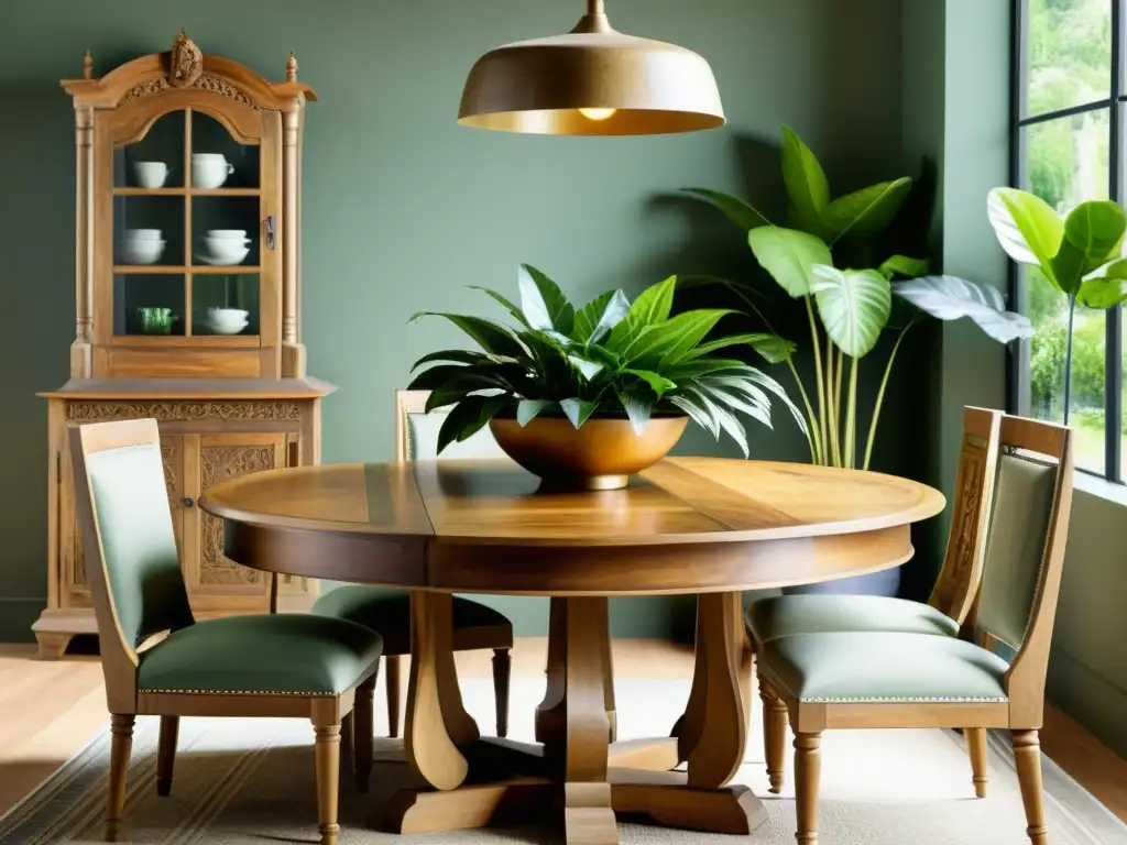 Muebles sostenibles ecofriendly: Comedor de madera vintage rodeado de plantas, creando un espacio acogedor y naturalmente elegante