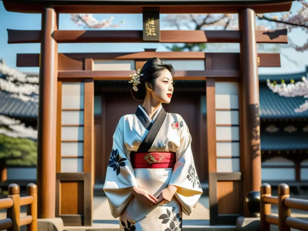 Una mujer en kimono tradicional japonés posa frente a un hermoso templo de madera, rodeada de flores de cerezo