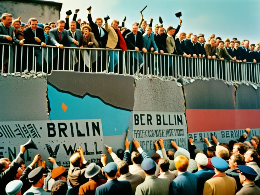 Multitud jubilosa derriba el muro de Berlín, reflejando la arquitectura post Guerra Fría en una imagen histórica y emotiva