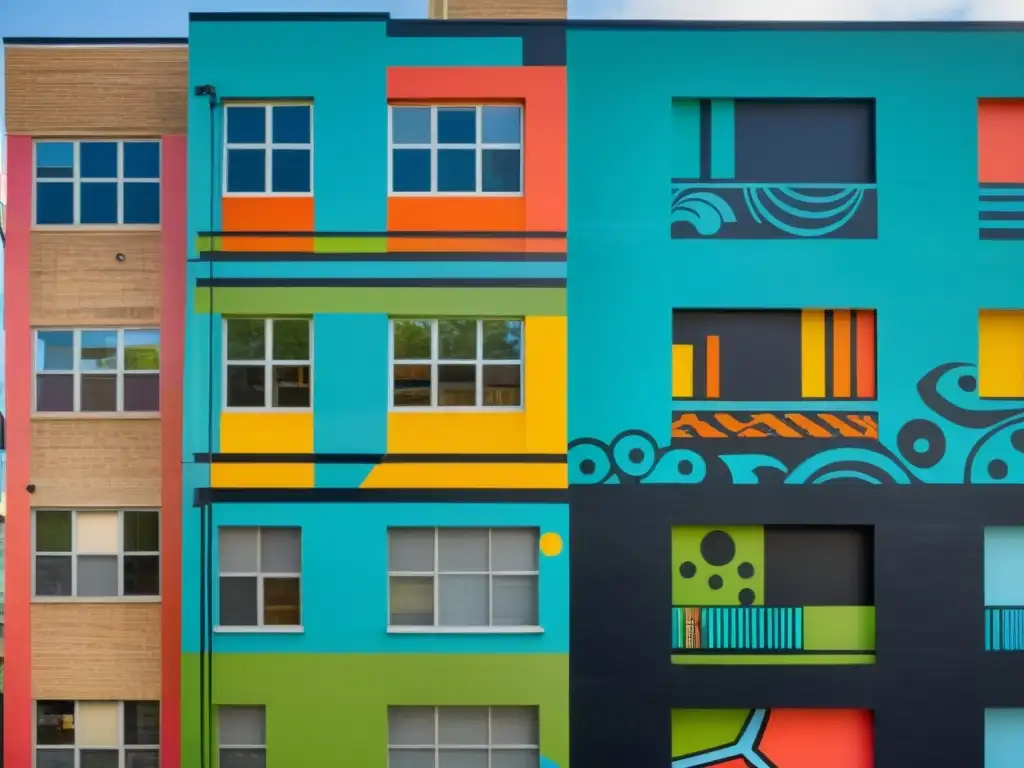 Un mural vibrante de estilo vintage adorna el edificio con influencia del arte urbano en arquitectura, mostrando diversidad y vitalidad urbana