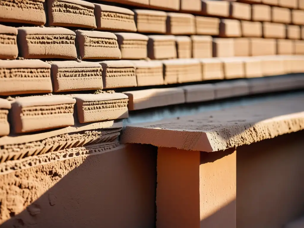 Un muro de adobe se construye con maestría, con tonos cálidos y texturas detalladas