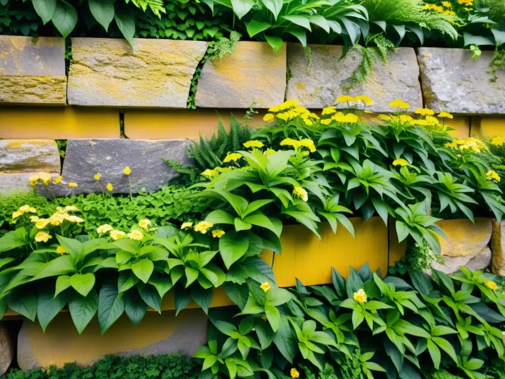 Un muro de contención vivo con plantas y flores en plena floración, integración de la naturaleza en arquitectura