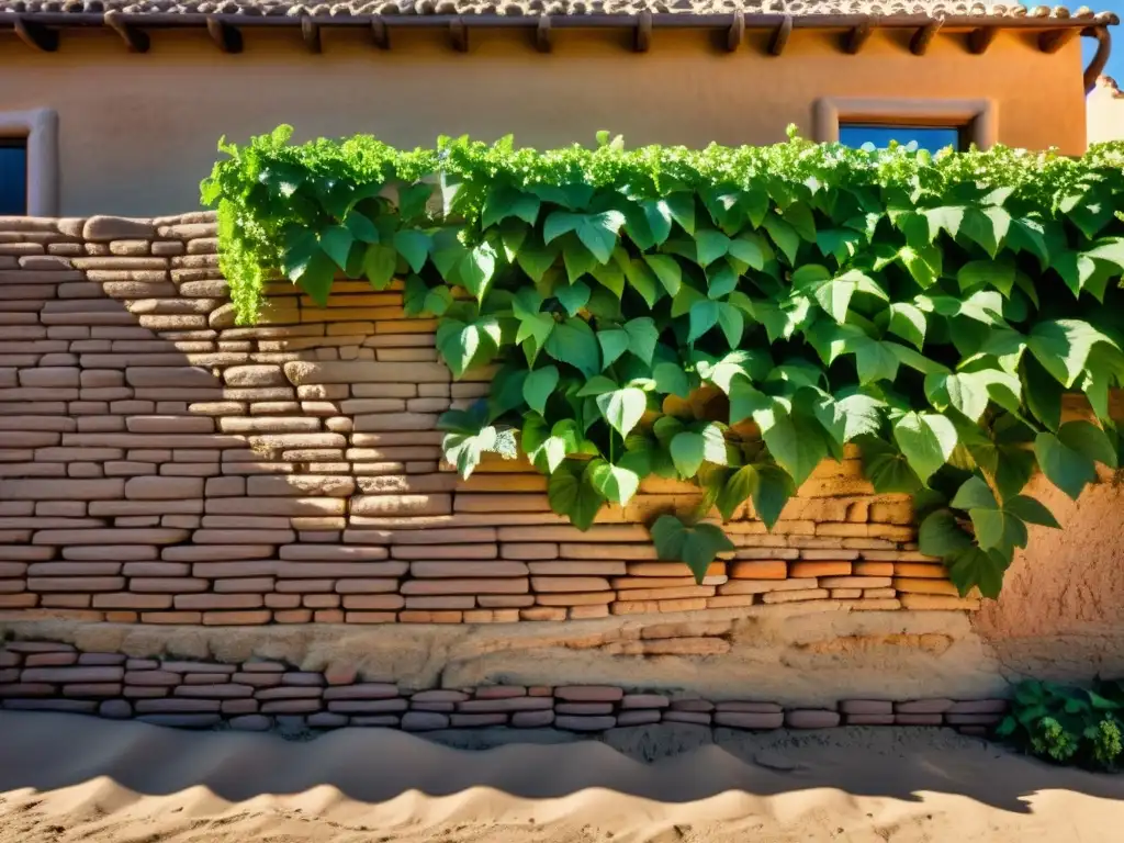 Muro de ladrillos de adobe artesanales bañados por la cálida luz del sol, con enredaderas verdes