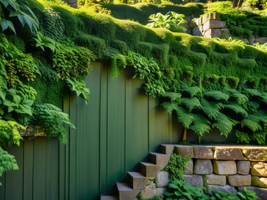 Muros de contención ecológicos urbanos: una fotografía vintage de un paisaje urbano exuberante con muros de piedra envejecidos y naturaleza vibrante