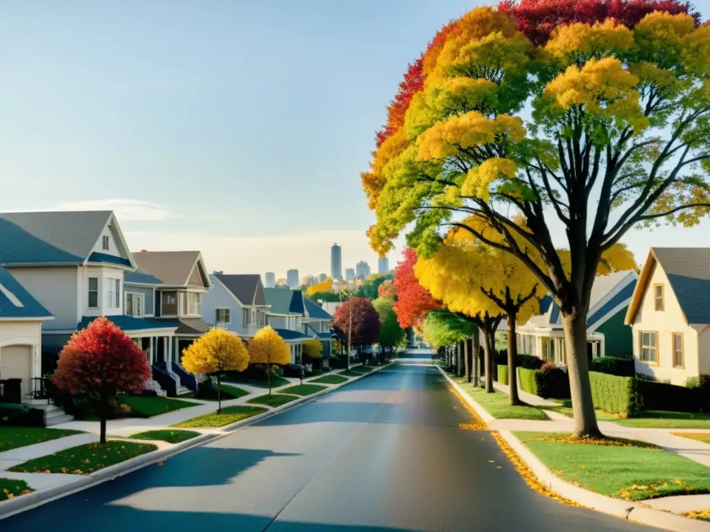 Un nostálgico paisaje suburbano con casas alineadas, calles arboladas y rascacielos lejanos