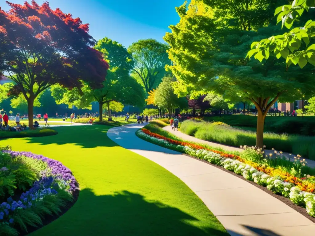 Un oasis urbano con árboles verdes, flores coloridas y personas disfrutando de la naturaleza