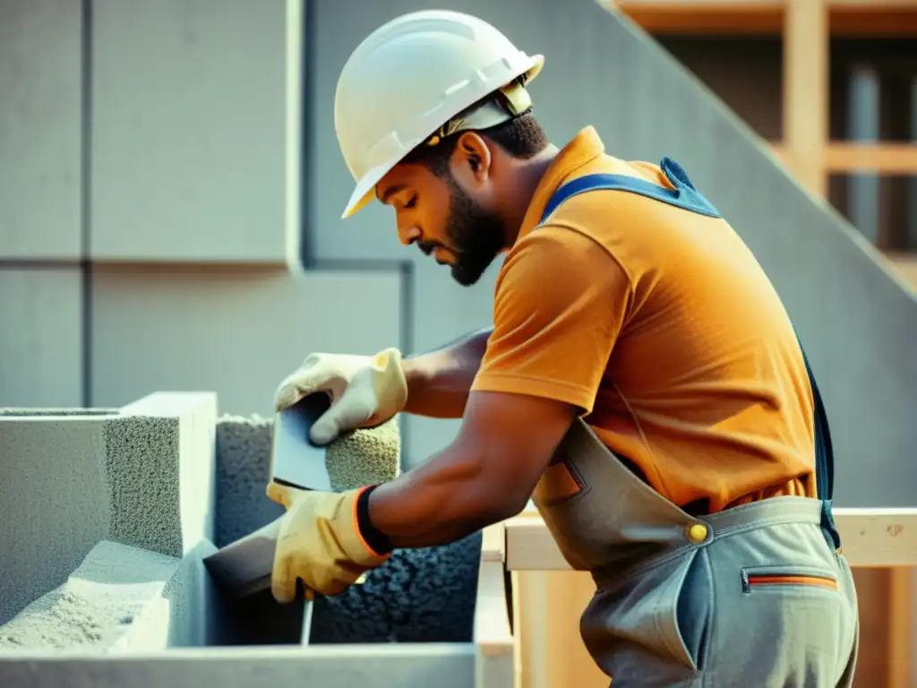 Un obrero vierte hormigón celular en un encofrado, contribuyendo a la construcción sostenible