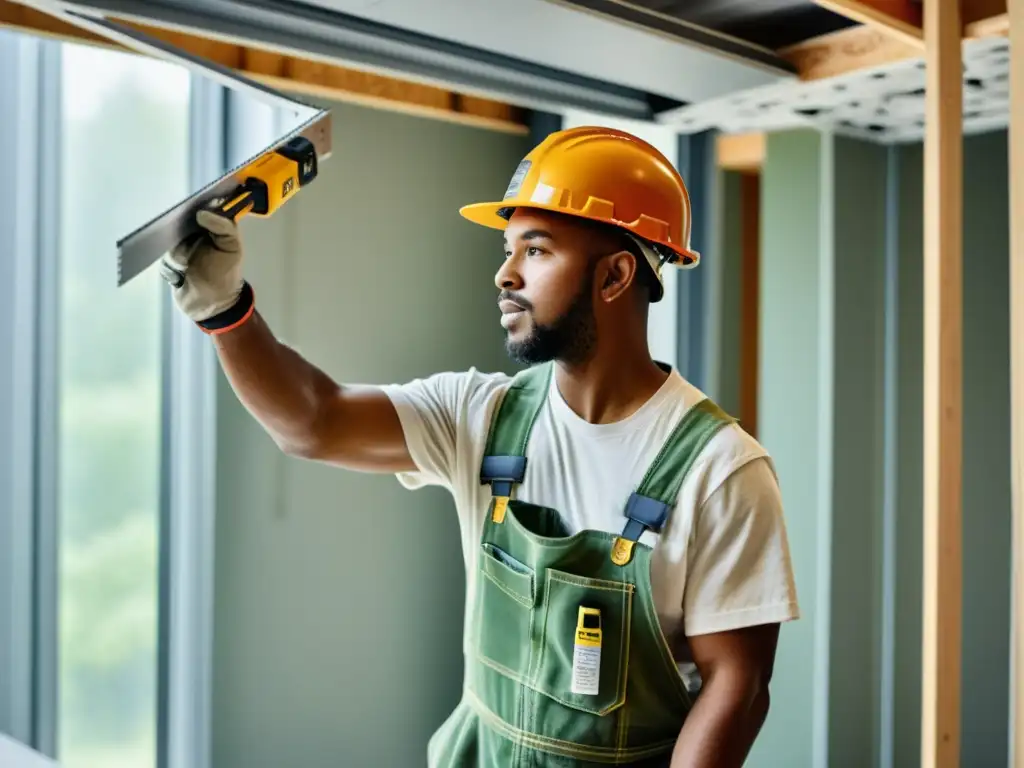 Un obrero instalando paneles de construcción en seco sostenible en un edificio moderno y ecofriendly, destacando la precisión y artesanía