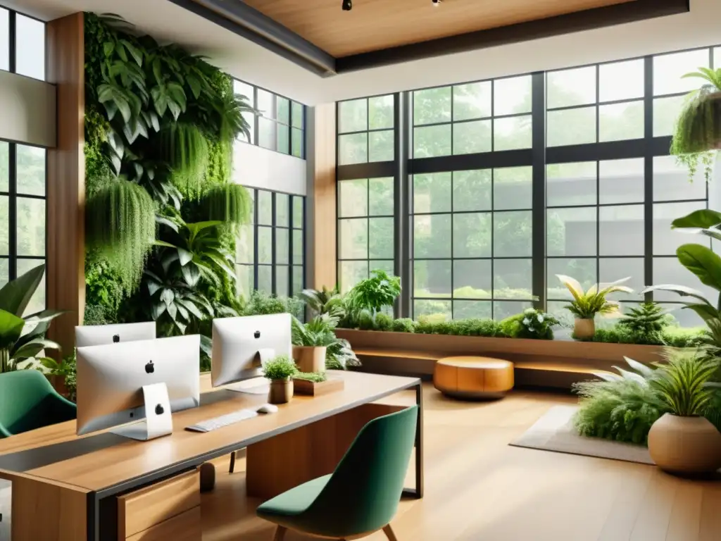 Oficina moderna con diseño biofílico, muebles de madera, plantas y luz natural