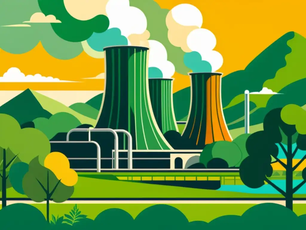 Un paisaje exuberante con una central geotérmica de estilo vintage integrada armoniosamente