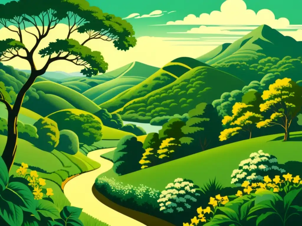 Un paisaje exuberante con colinas, flora vibrante y un río sereno capturado en una detallada ilustración vintage