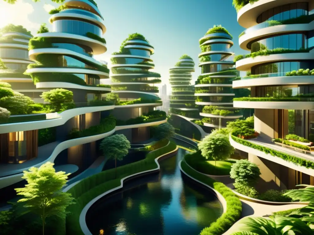 Un paisaje urbano futurista con arquitectura integrada en la naturaleza