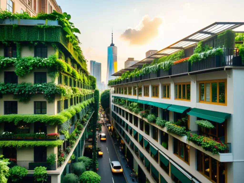 Un paisaje urbano vintage con edificios verdes como pulmón urbano, lleno de vegetación exuberante y vida vibrante al atardecer