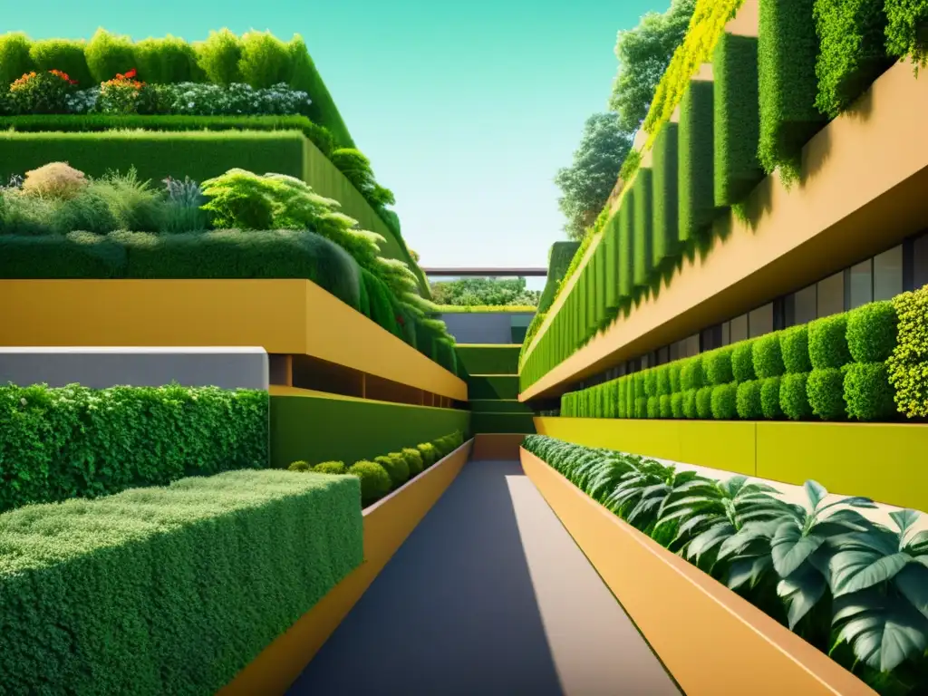 Un paisaje urbano vintage con muros de contención ecológicos urbanos integrados en la arquitectura moderna y exuberante vegetación