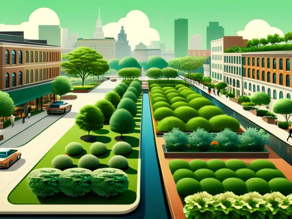 Un paisaje urbano vintage con soluciones naturales para la gestión del agua urbana