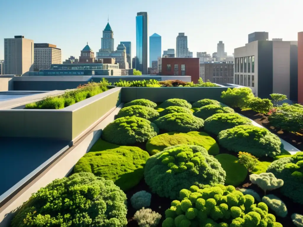 Un paisaje urbano vintage con techos verdes sostenibles que contrastan con la jungla de concreto