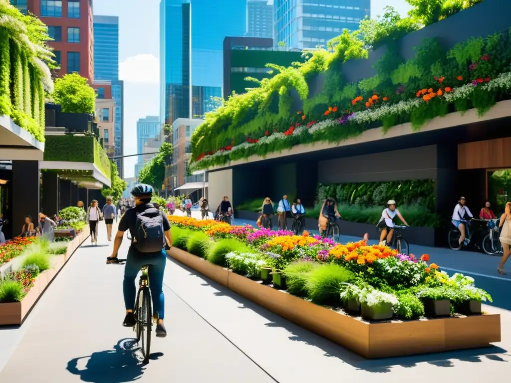 Paisajismo urbano sostenible con vegetación exuberante y diseño ecoamigable