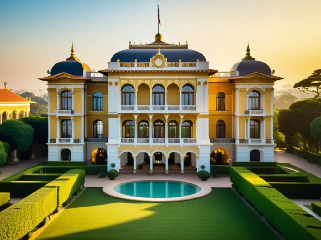 Palacio real convertido en hotel de lujo con jardines exuberantes y huéspedes elegantes