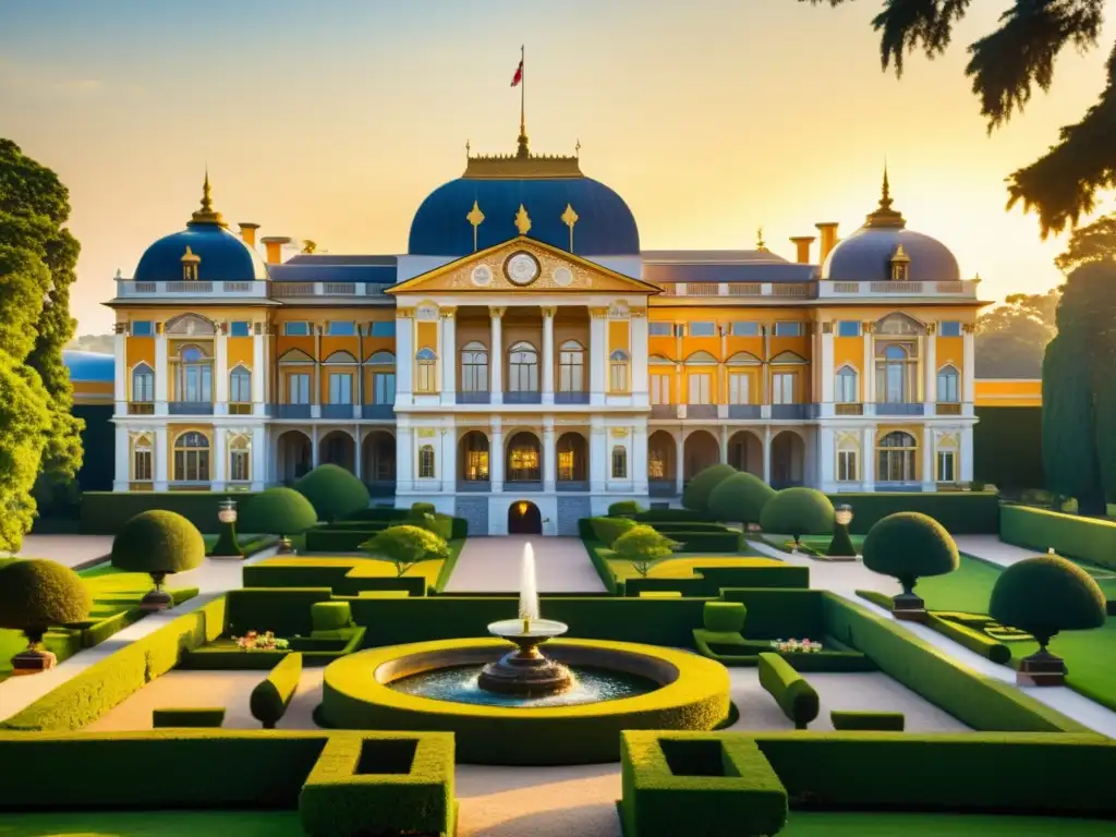 Un palacio real convertido en hotel, con detalles arquitectónicos intrincados, jardines exuberantes y un ambiente de lujo y exclusividad