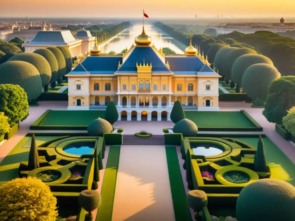 Un palacio real majestuoso bañado por la cálida luz del atardecer, con jardines exquisitos