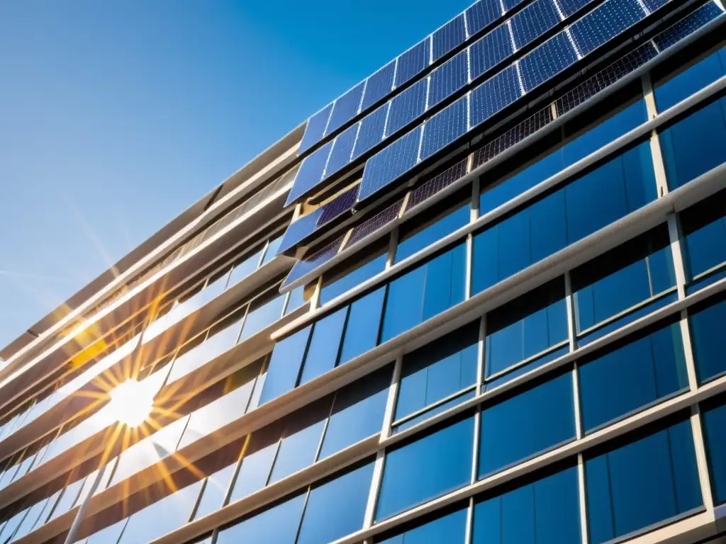 Implementación de paneles solares en edificaciones existentes: Edificio urbano con paneles solares integrados en fachada, captando la luz solar