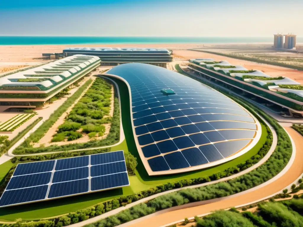 Panorámica de Masdar City, destino verde con arquitectura sostenible en Abu Dhabi